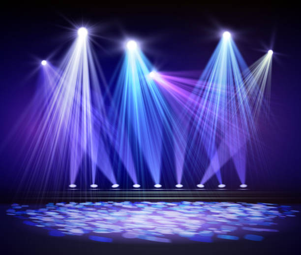 Various stage lights in the dark. Spotlight on stage. Vector